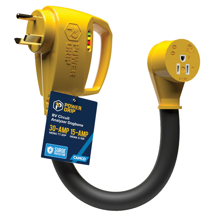 Camco Power Grip RV 12" 30Amp Circuit Analyzer Dogbone - Integrated Surge Protection [55461]